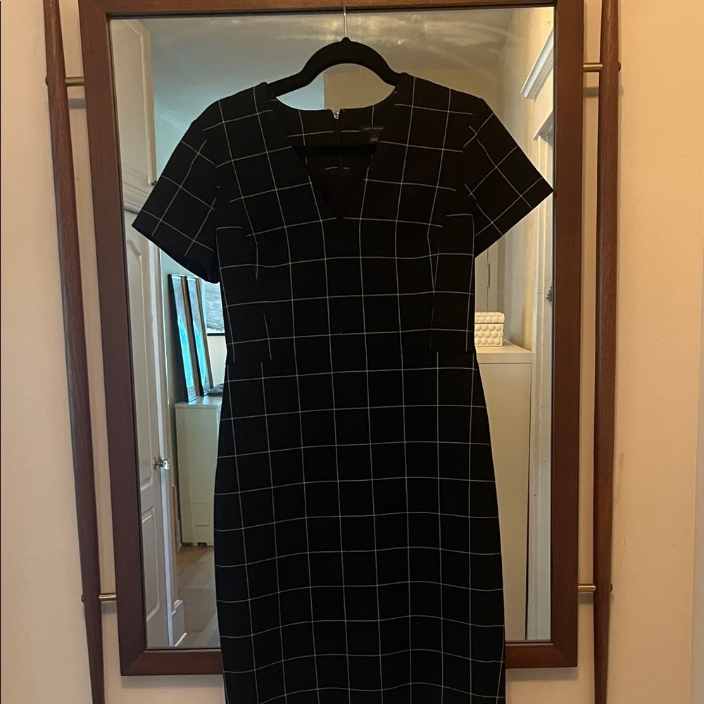 Classic Ann Taylor Black and White Windowpane Midi Dress